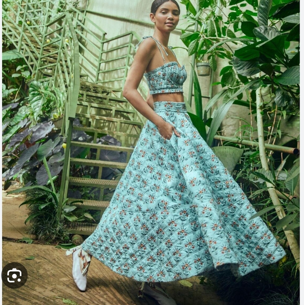 Agua Bendita Moringa Azul Crop Quilted Long Skirt With Matching Crop Top